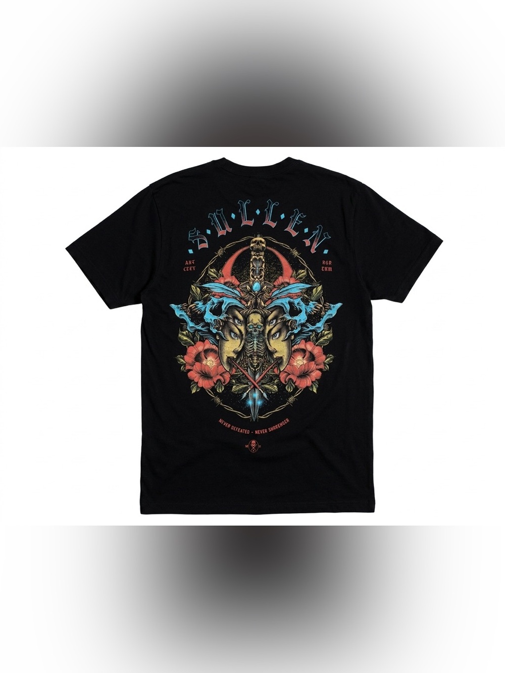 Sullen Art Collective T-Shirt Men's Medium Black Never Defeated‎ Skull Dagger